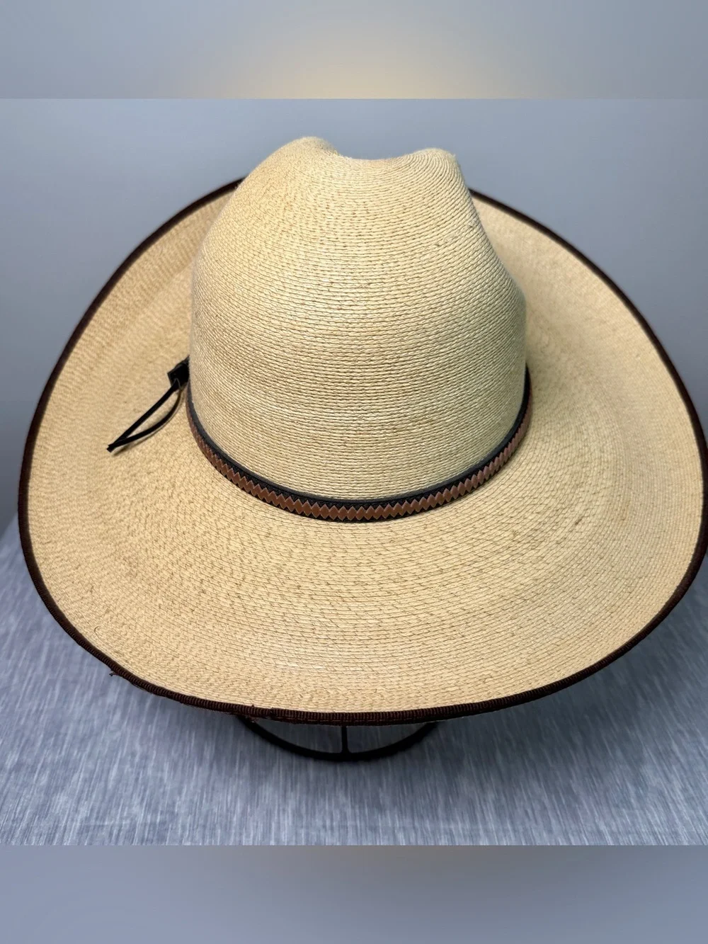 SunBody Hats Palm Leaf Wide Brim Hat Zigzag Leather Band Summer Resort Beach 7